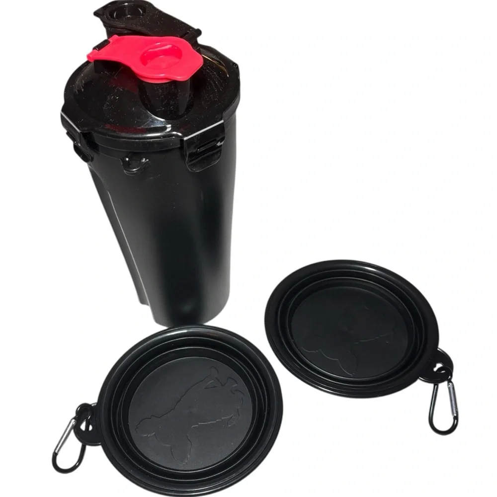 Dog 2 in 1 Travel Water Bottle Food Dispenser with Collapsible Bowls Hiking